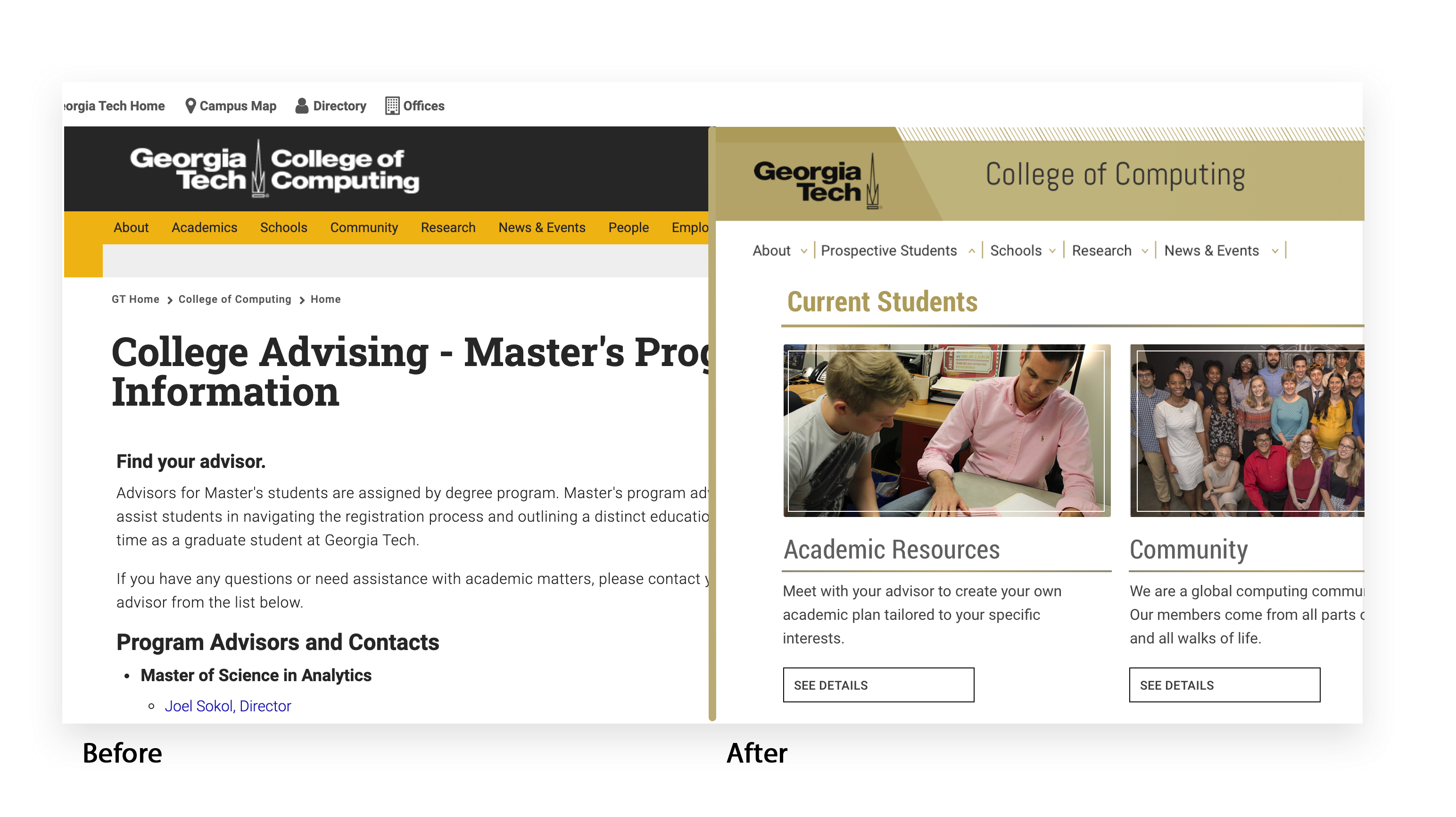 The original Georgia Tech College of Computing website, showing the navigation problems