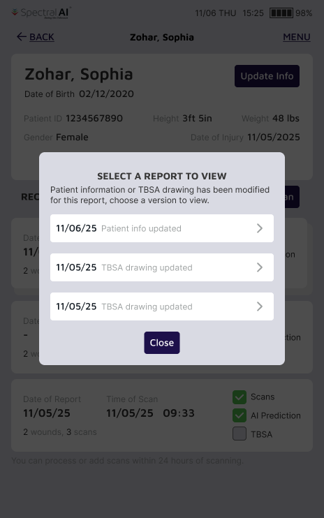 Modal forcing a report-version choice before the user could see any result